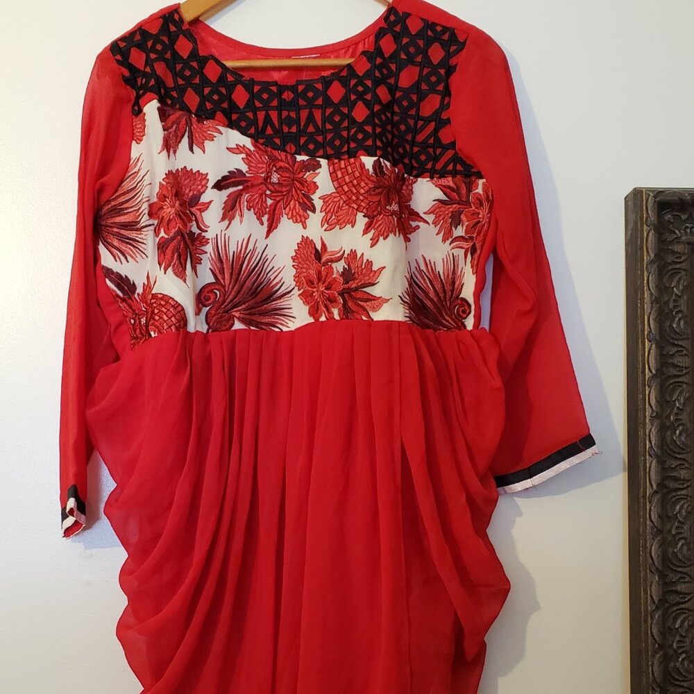 Red Kurti Style Long Sleeve Tunic with Pleats